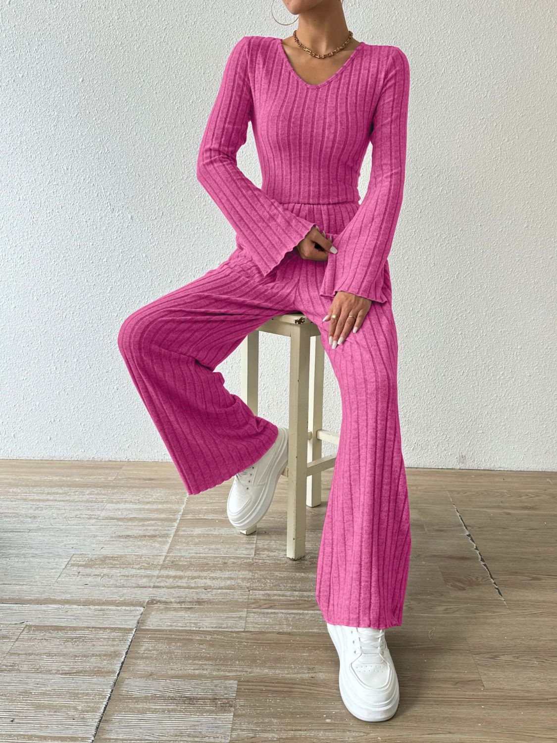 Ribbed V-Neck Long Sleeve Top and Pocketed Pants Set-Bella Boutique Collective