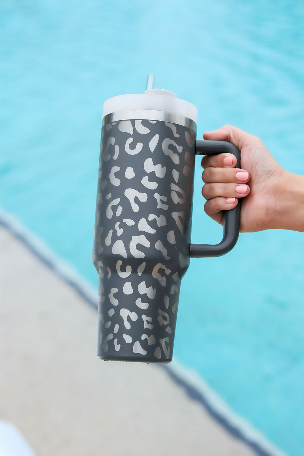 Gray Leopard Print 40OZ Stainless Steel Portable Cup with Handle-Bella Boutique Collective