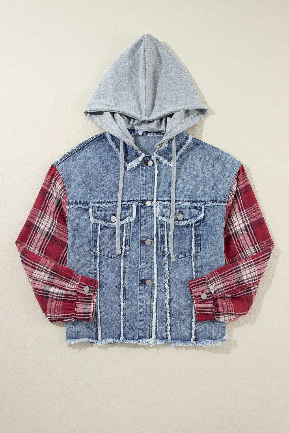 Beau Blue Plaid Print Patchwork Hooded Raw Hem Denim Jacket-Bella Boutique Collective