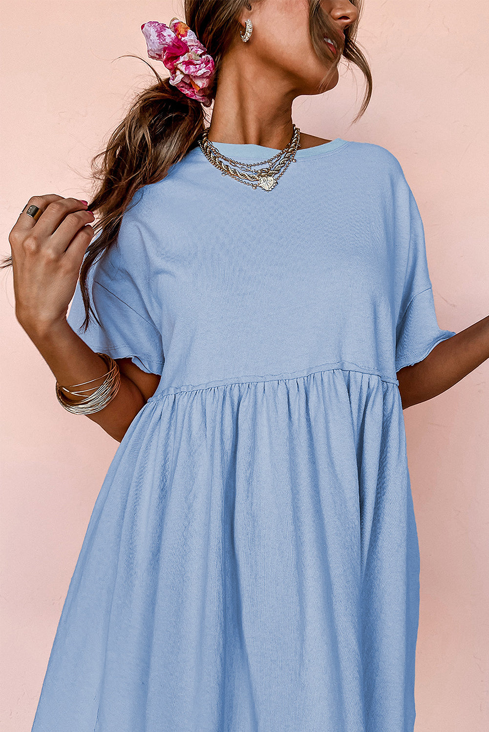 Sky Blue Solid Color Pocketed Raw Edge Babydoll Dress-Bella Boutique Collective