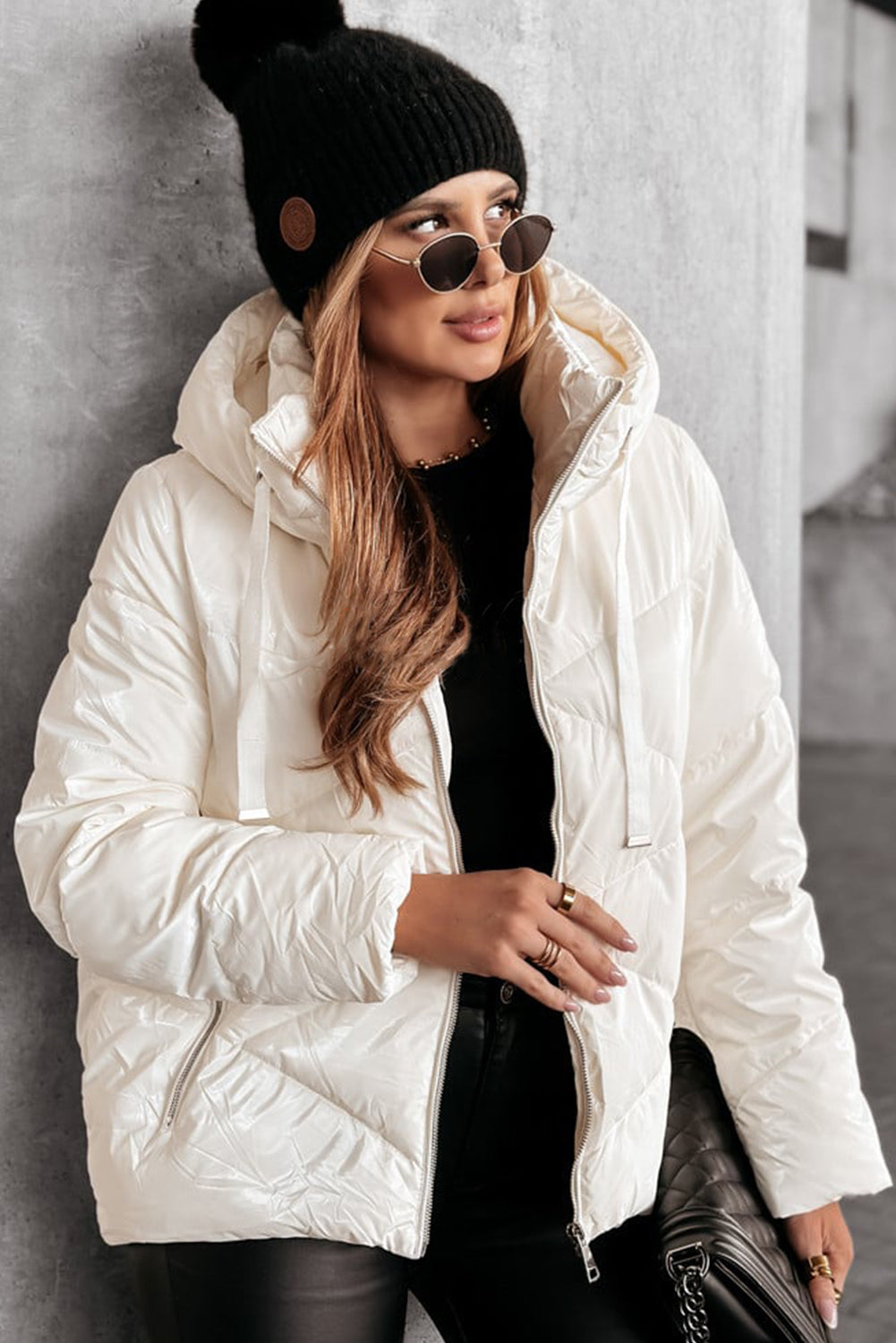 White Solid Quilted Hooded Zip Up Puffer Coat-Bella Boutique Collective