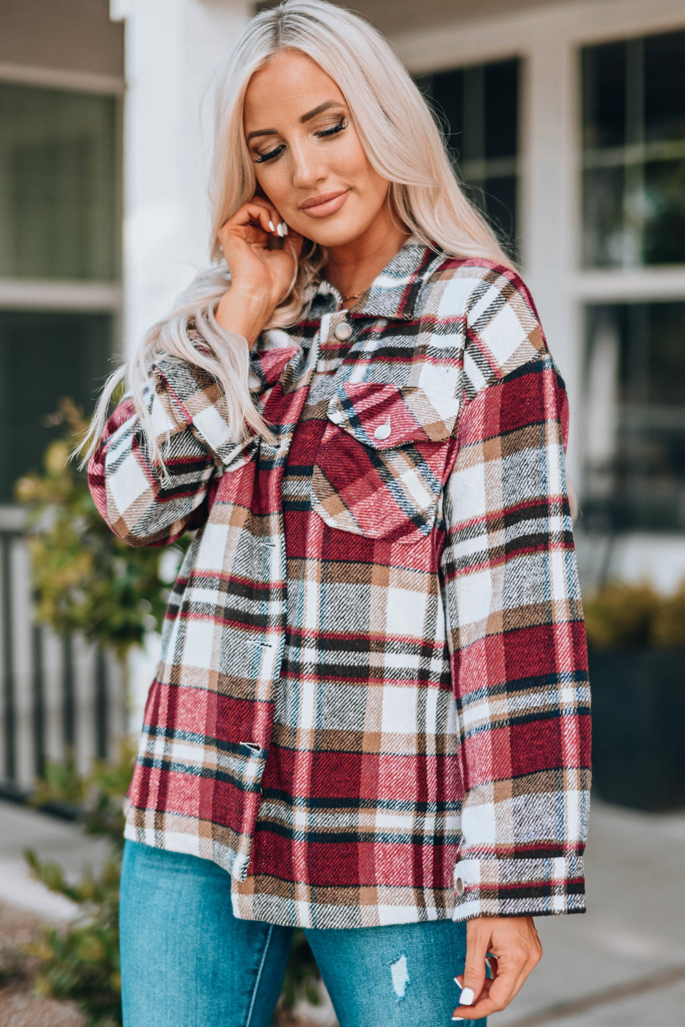 Fiery Red Geometric Plaid Print Pocketed Shacket-Bella Boutique Collective