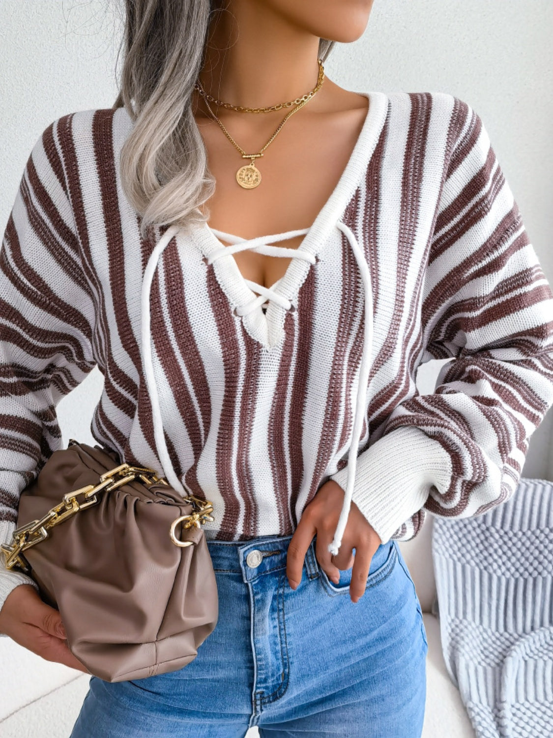 Striped Lace-Up Long Sleeve Sweater-Bella Boutique Collective