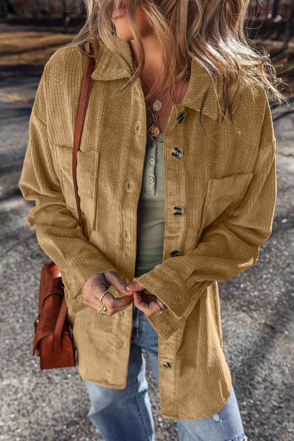 Light French Beige Patched Pocket Button Up Corduroy Shacket-Bella Boutique Collective