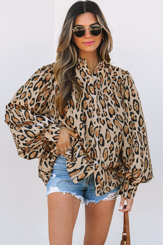 Light French Beige Oversized Leopard Print Balloon Sleeve Casual Shirt-Bella Boutique Collective
