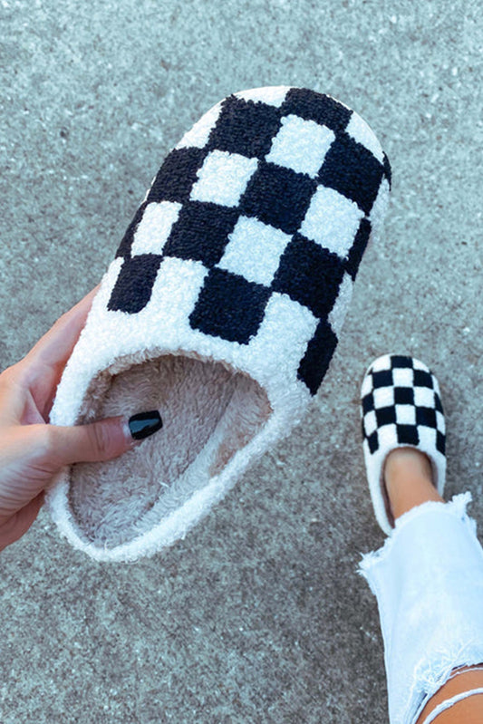Black Checkered Print Fuzzy Slip On Winter Slippers-Bella Boutique Collective