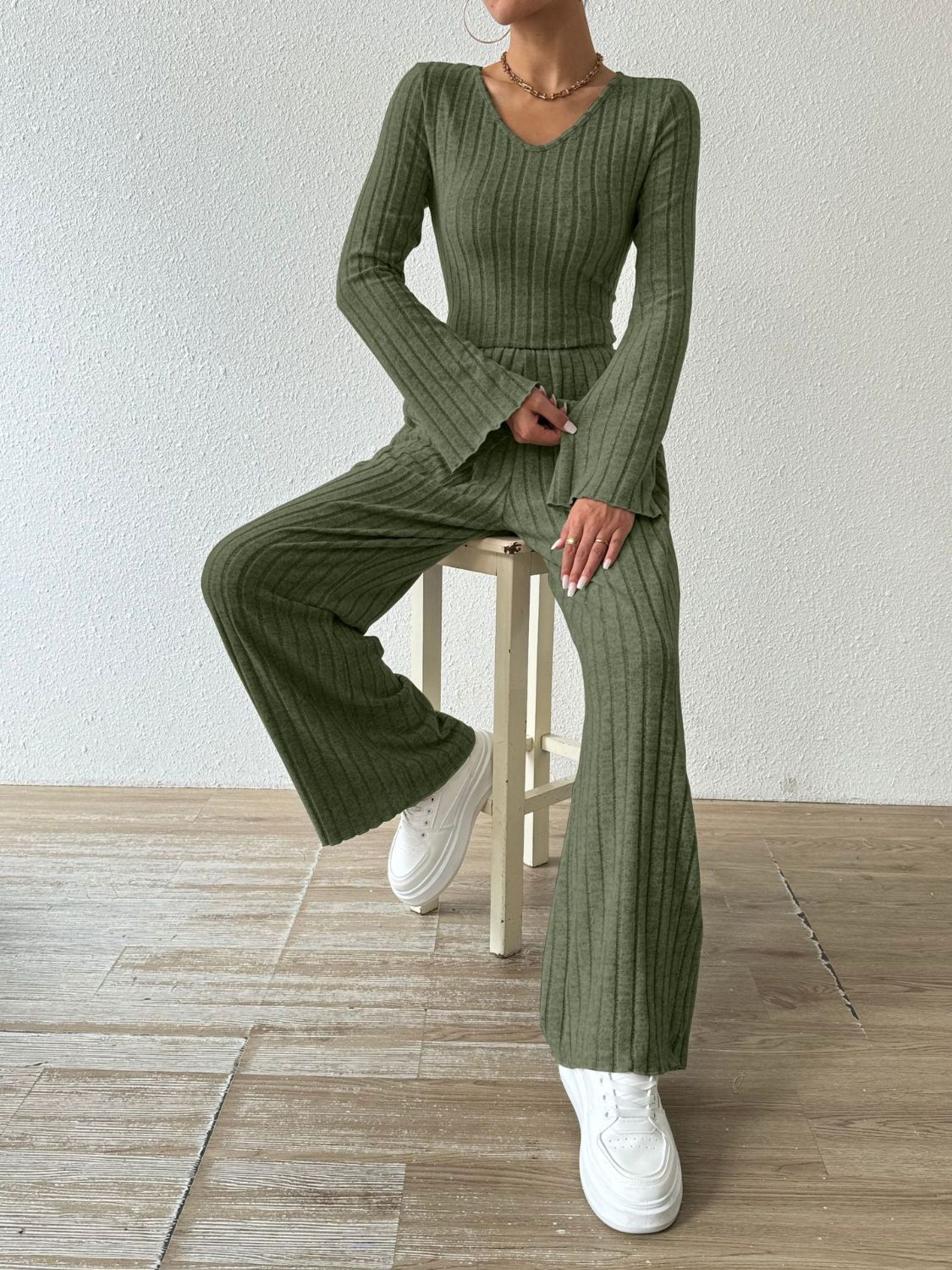 Ribbed V-Neck Long Sleeve Top and Pocketed Pants Set-Bella Boutique Collective