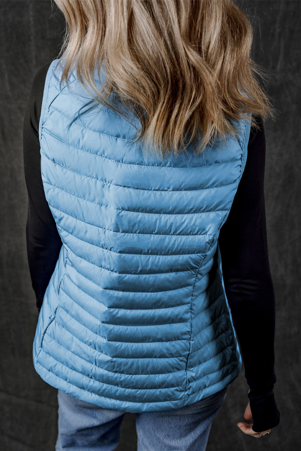 Sky Blue Plush Collared Quilted Zipped Puffer Vest-Bella Boutique Collective