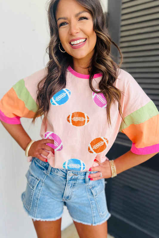 Pink Rugby Chenille Embroidered Color Block Half Sleeve T Shirt-Bella Boutique Collective