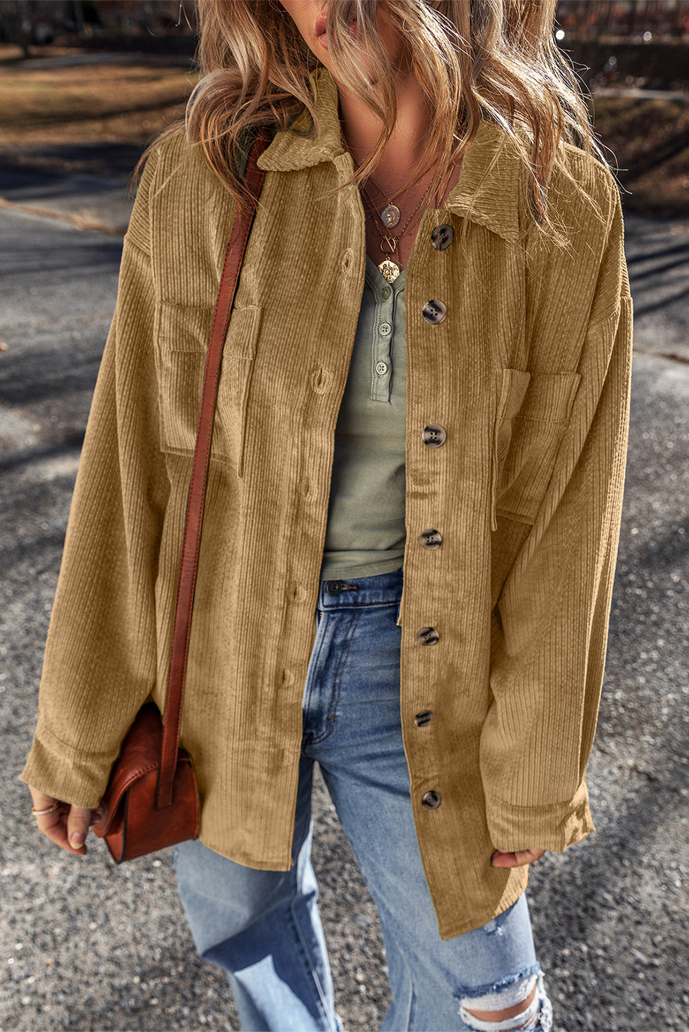 Light French Beige Patched Pocket Button Up Corduroy Shacket-Bella Boutique Collective