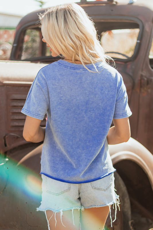 Sky Blue USA Patch Mineral Wash Notch V Neck Vintage Graphic T Shirt-Bella Boutique Collective