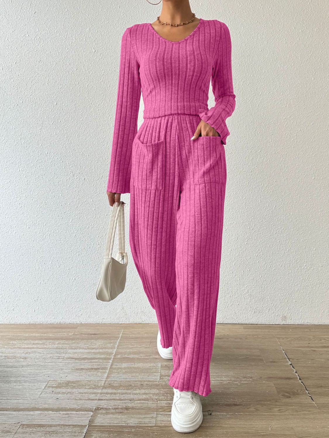 Ribbed V-Neck Long Sleeve Top and Pocketed Pants Set-Bella Boutique Collective