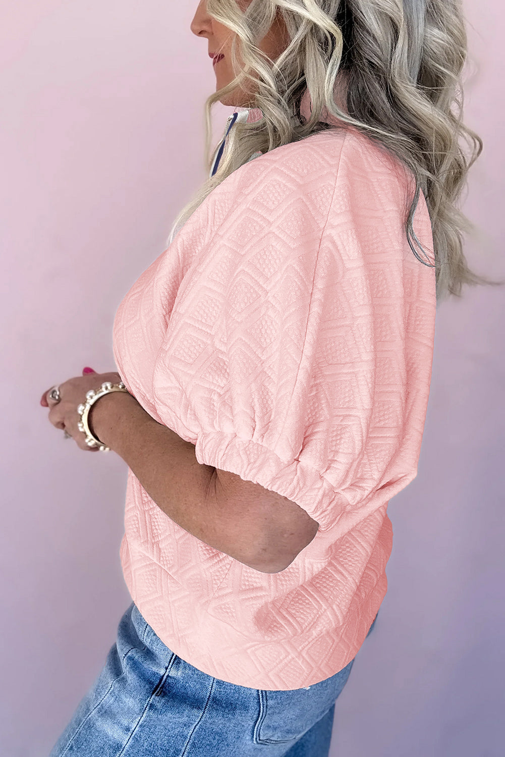 Light Pink Contrast Striped Collar Patchwork Textured Half Sleeve Blouse-Bella Boutique Collective