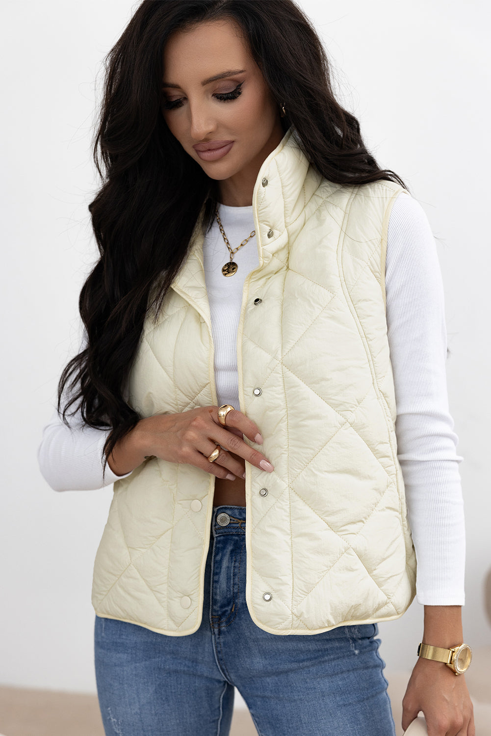 Beige Quilted High Neck Button Up Pocket Vest Coat-Bella Boutique Collective
