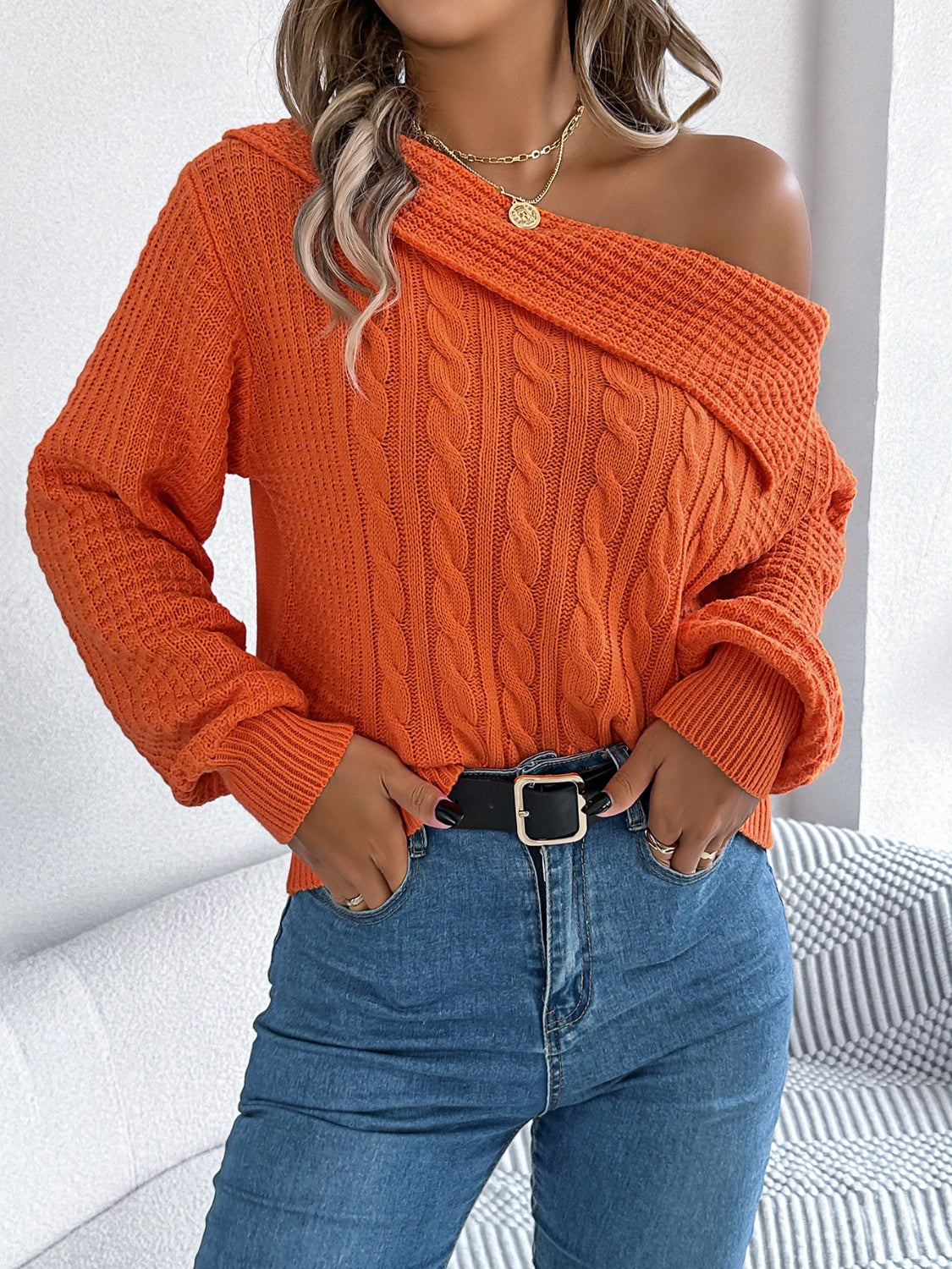 Cable-Knit One Shoulder Long Sleeve Sweater-Bella Boutique Collective