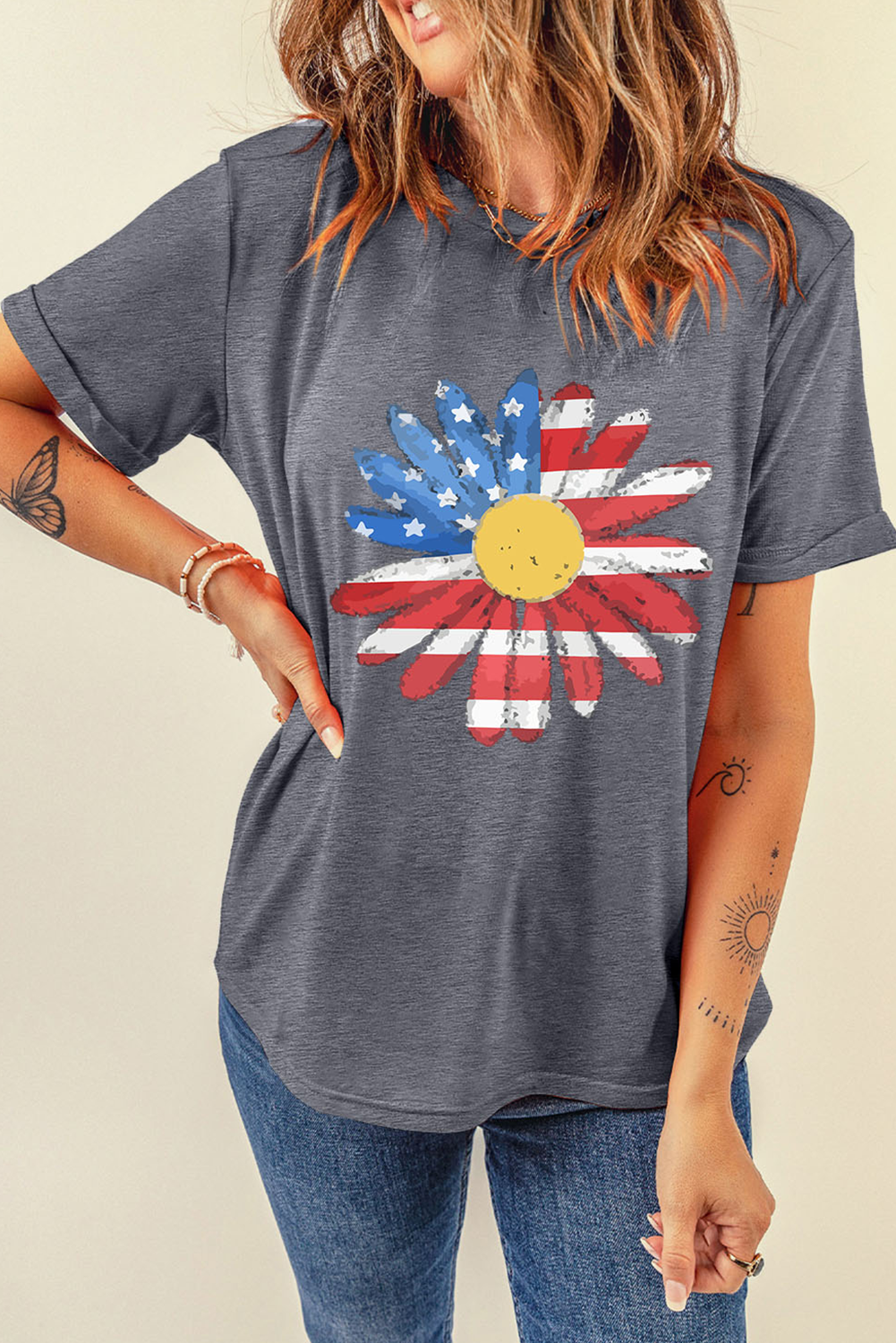 Gray Flag Pattern Sunflower Graphic Crew Neck Tee-Bella Boutique Collective