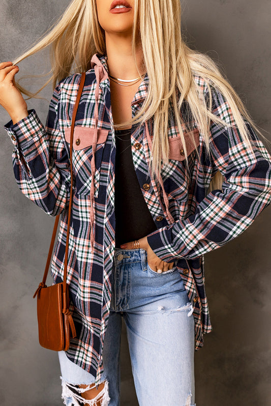 Pink Contrast Hooded Drawstring Plaid Shacket-Bella Boutique Collective