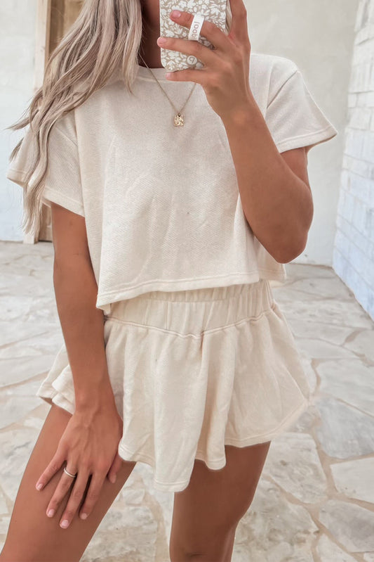 Beige 2pcs Cropped Tee and Ruffle High Waist Skort Set-Bella Boutique Collective