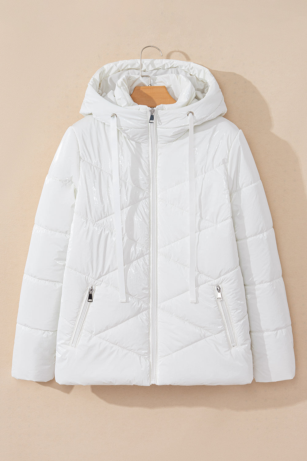 White Solid Quilted Hooded Zip Up Puffer Coat-Bella Boutique Collective