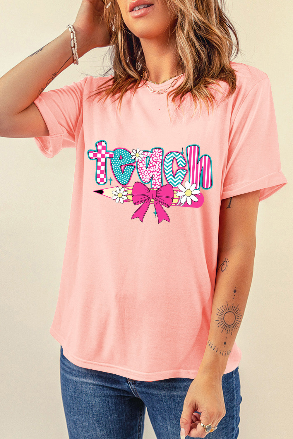 Pink Preppy Retro Checkered Coquette Teach Graphic T-Shirt-Bella Boutique Collective