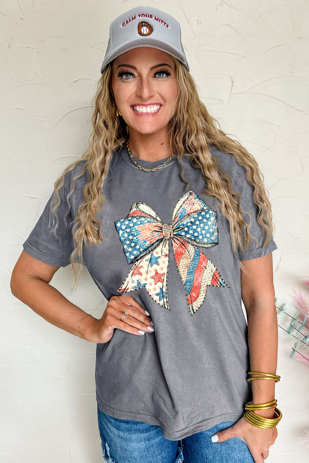 Gray US Flag Bow Print Round Neck Loose T Shirt-Bella Boutique Collective
