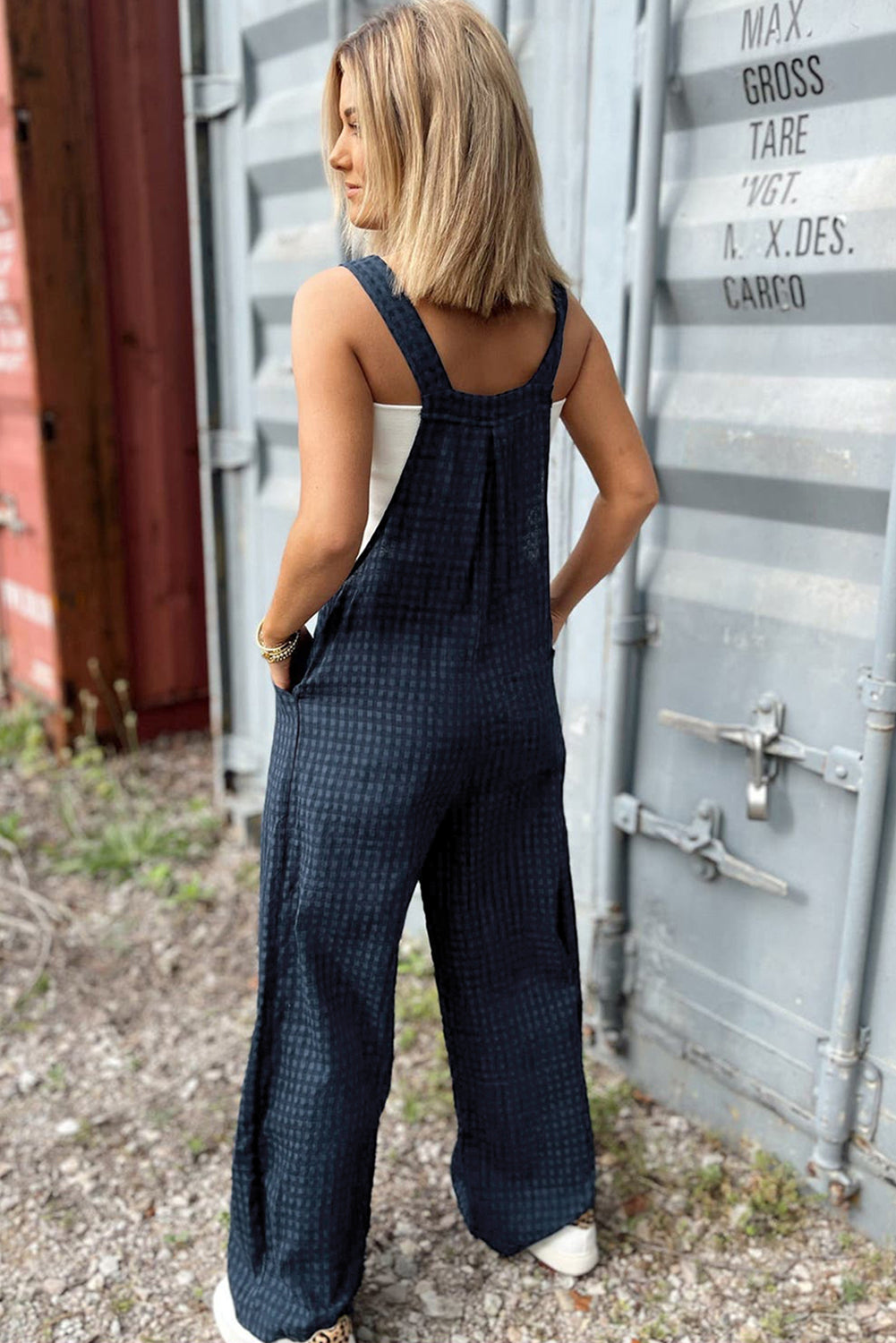 Sail Blue Plaid Print Buttoned Pocketed High Waist Overall-Bella Boutique Collective