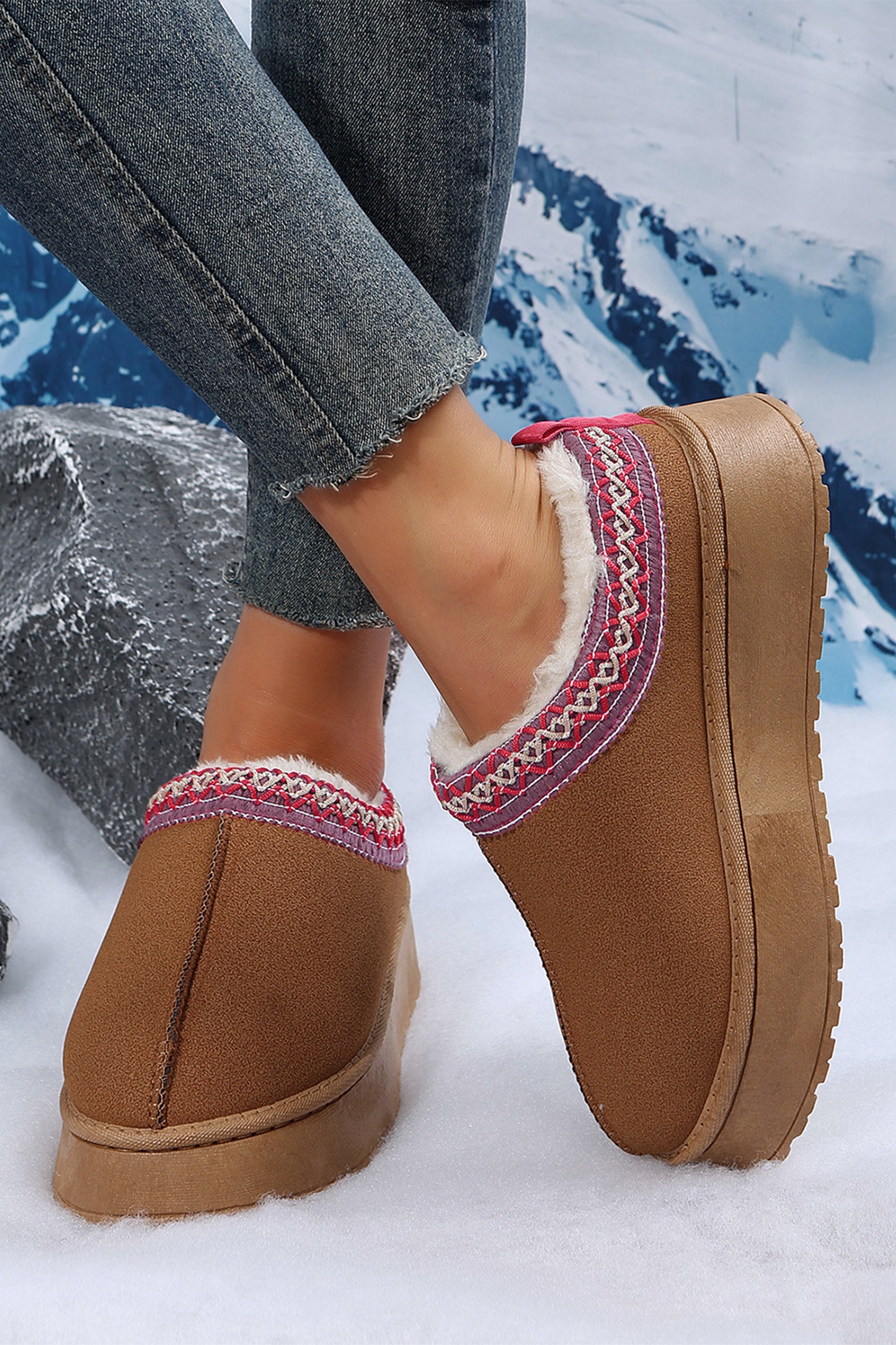 Chestnut Contrast Print Suede Plush Lined Snow Boots