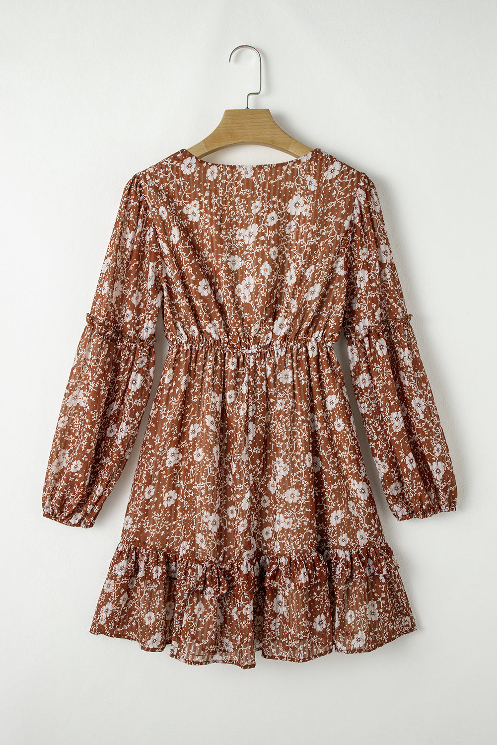 Brown Boho Floral Ruffled Puff Sleeve V Neck Mini Dress-Bella Boutique Collective