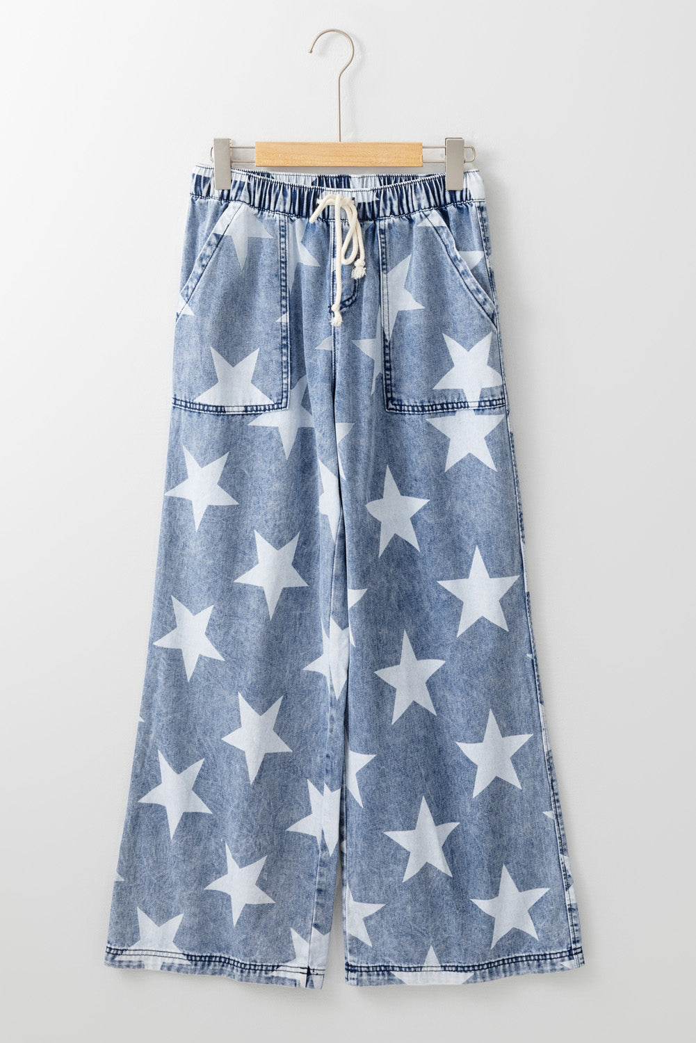 Light Blue Star Print Light Wash Drawstring High Waist Wide Leg Jeans-Bella Boutique Collective