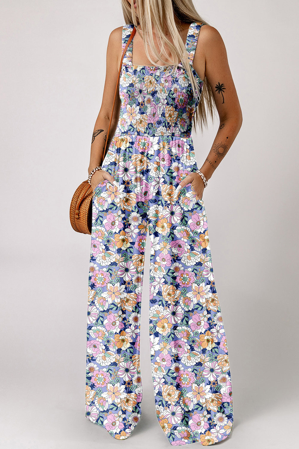 Purple Floral Print Smocked High Waist Square Neck Jumpsuit-Bella Boutique Collective