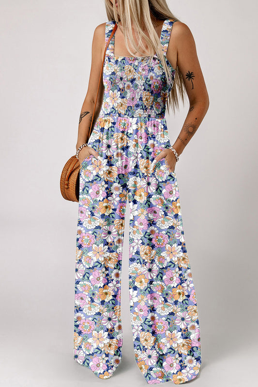 Purple Floral Print Smocked High Waist Square Neck Jumpsuit-Bella Boutique Collective
