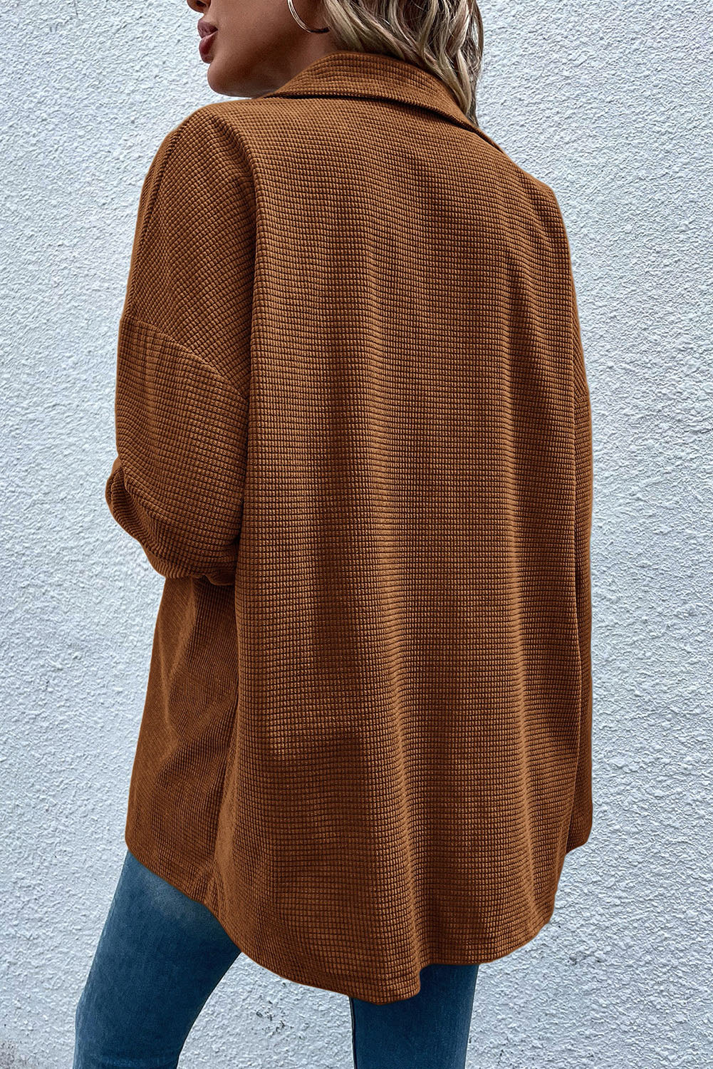 Brown Textured Flap Pocket Drop Shoulder Shacket-Bella Boutique Collective