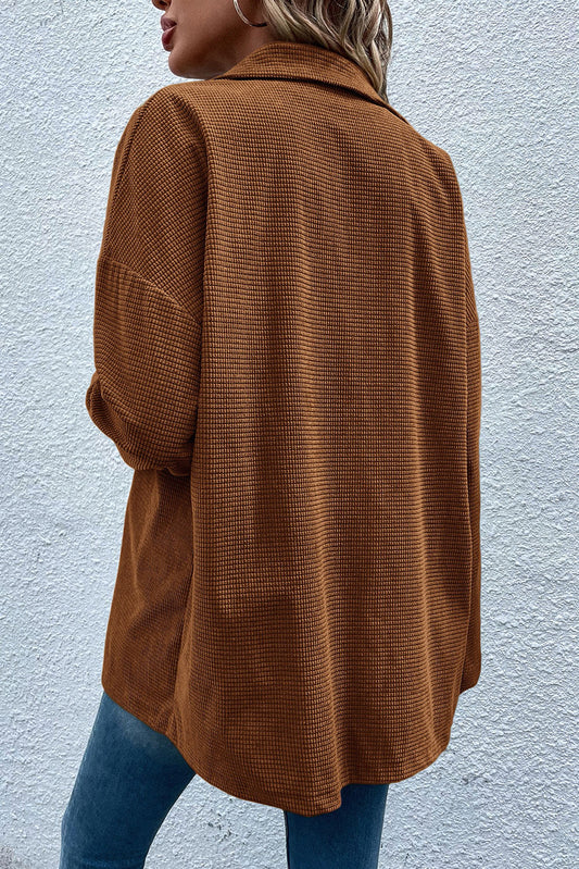 Brown Textured Flap Pocket Drop Shoulder Shacket-Bella Boutique Collective