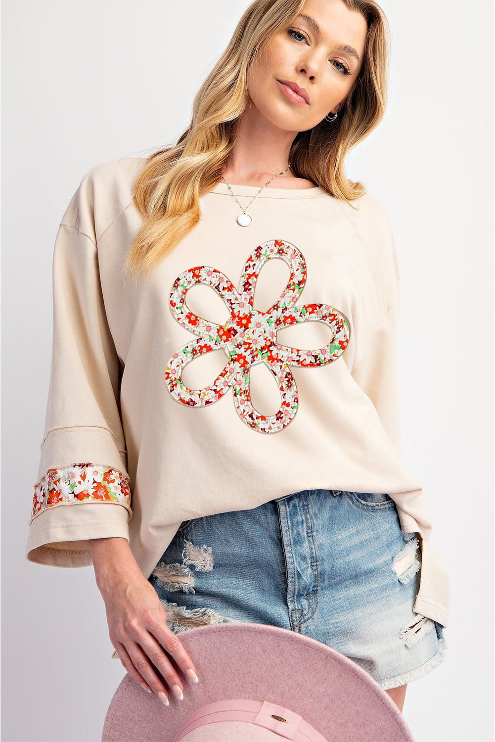 Beige Flower Patch Graphic Exposed Seam Wide Sleeve Top-Bella Boutique Collective