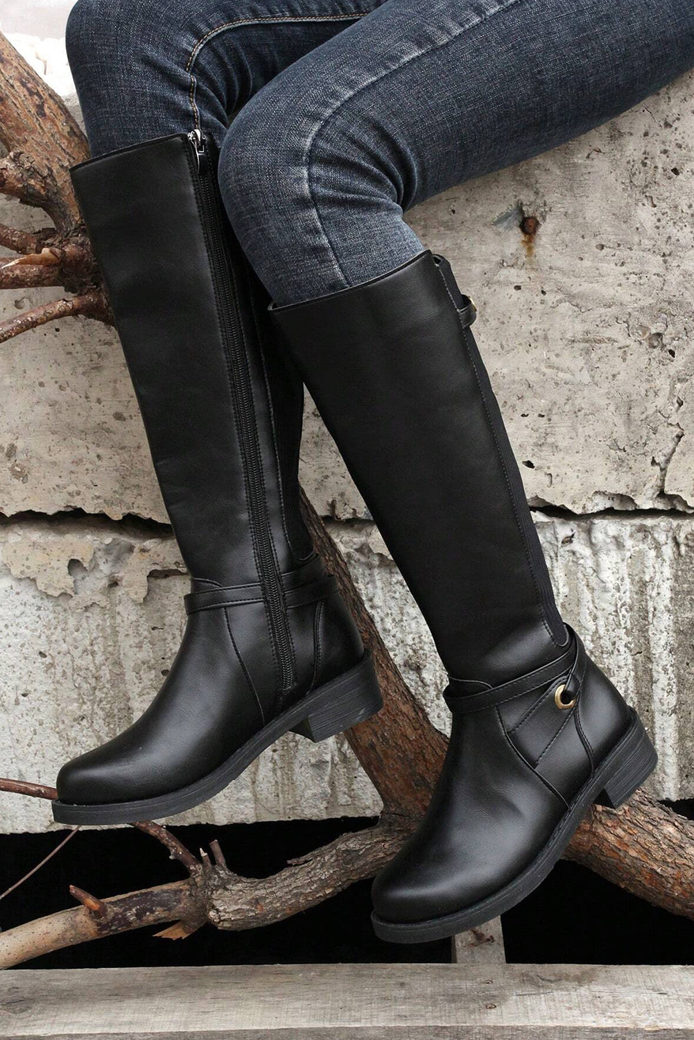 Black Side Zipper Knee High Chunky Low Heel Boots-Bella Boutique Collective