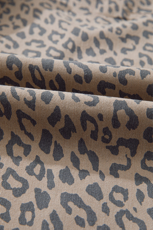 Khaki Leopard Printed Drawstring Waist Pocketed Wide Leg Jeans-Bella Boutique Collective