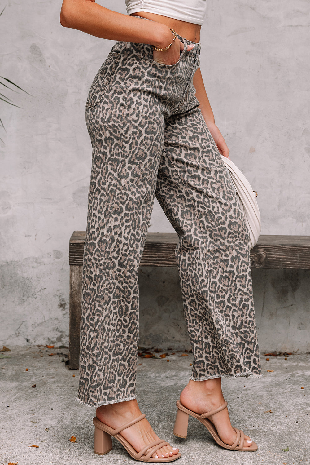 Brown Leopard Frayed Edge Wide Leg High Waist Jeans-Bella Boutique Collective