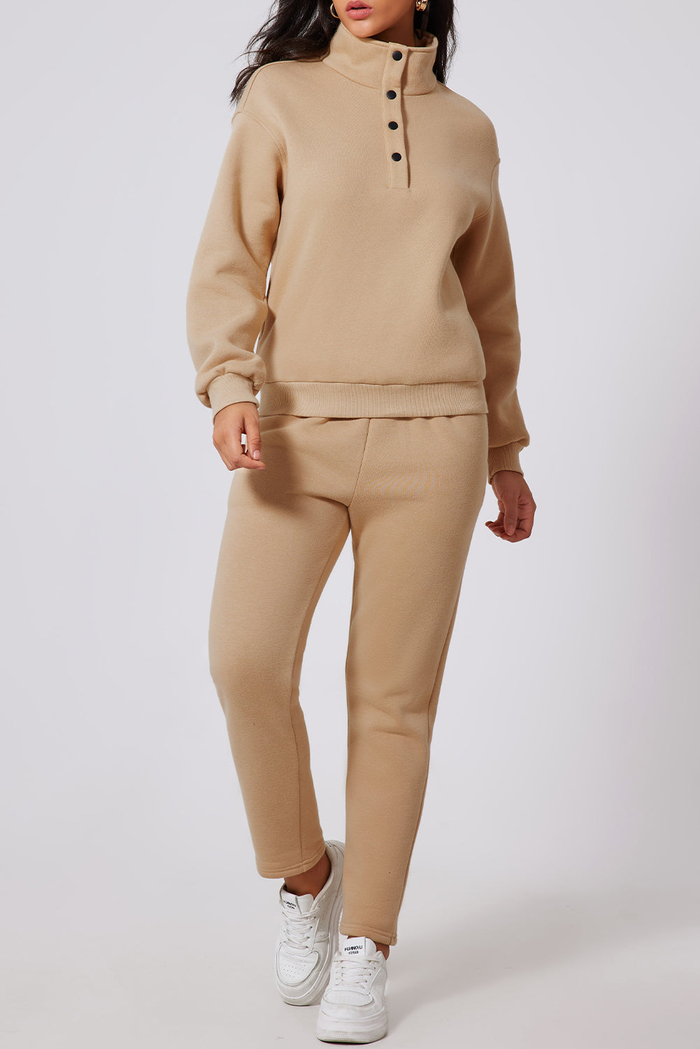 Parchment Solid Half Button Sweatshirt and High Waist Sweatpants Set-Bella Boutique Collective