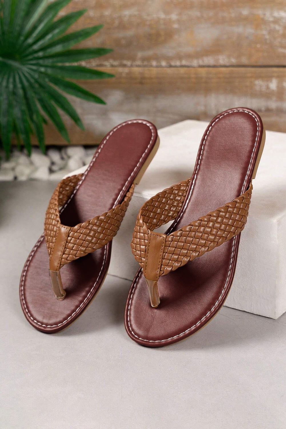 Chestnut Braided Strap PU Leather Flip Flop-Bella Boutique Collective