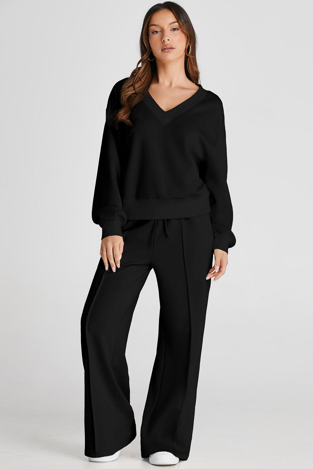 Black V Neck Cropped Seamed High Waist Sports Wear-Bella Boutique Collective