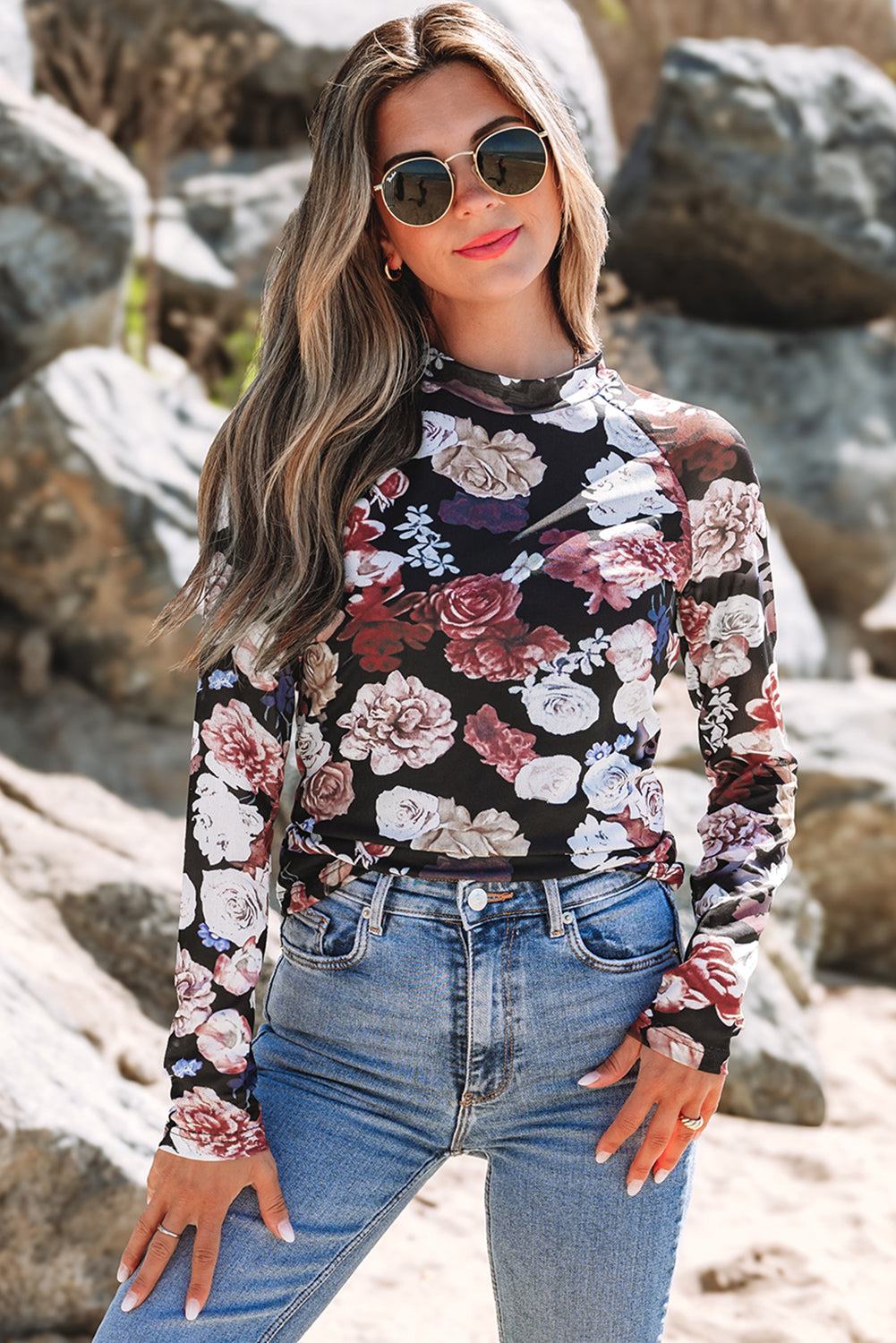 Pink Mesh Floral Print Mock Neck Long Sleeve Slim Top-Bella Boutique Collective