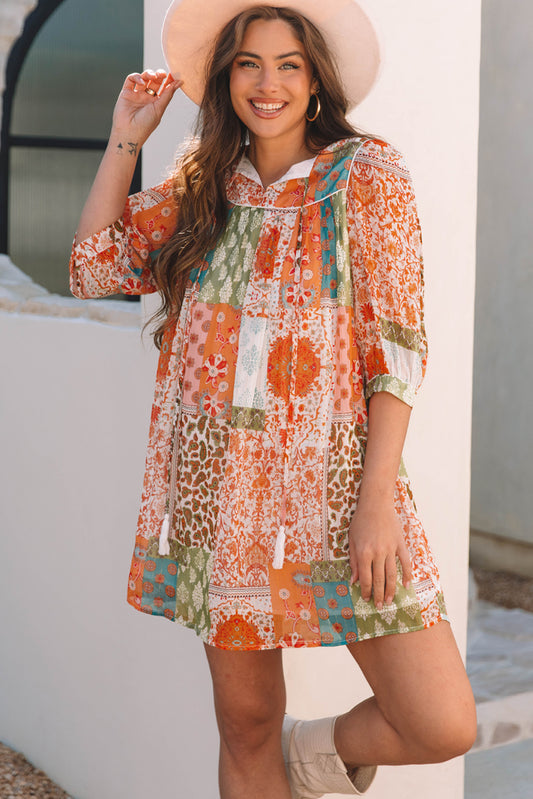 Orange Boho Paisley Mixed Print 3/4 Sleeve Chiffon Loose Dress-Bella Boutique Collective