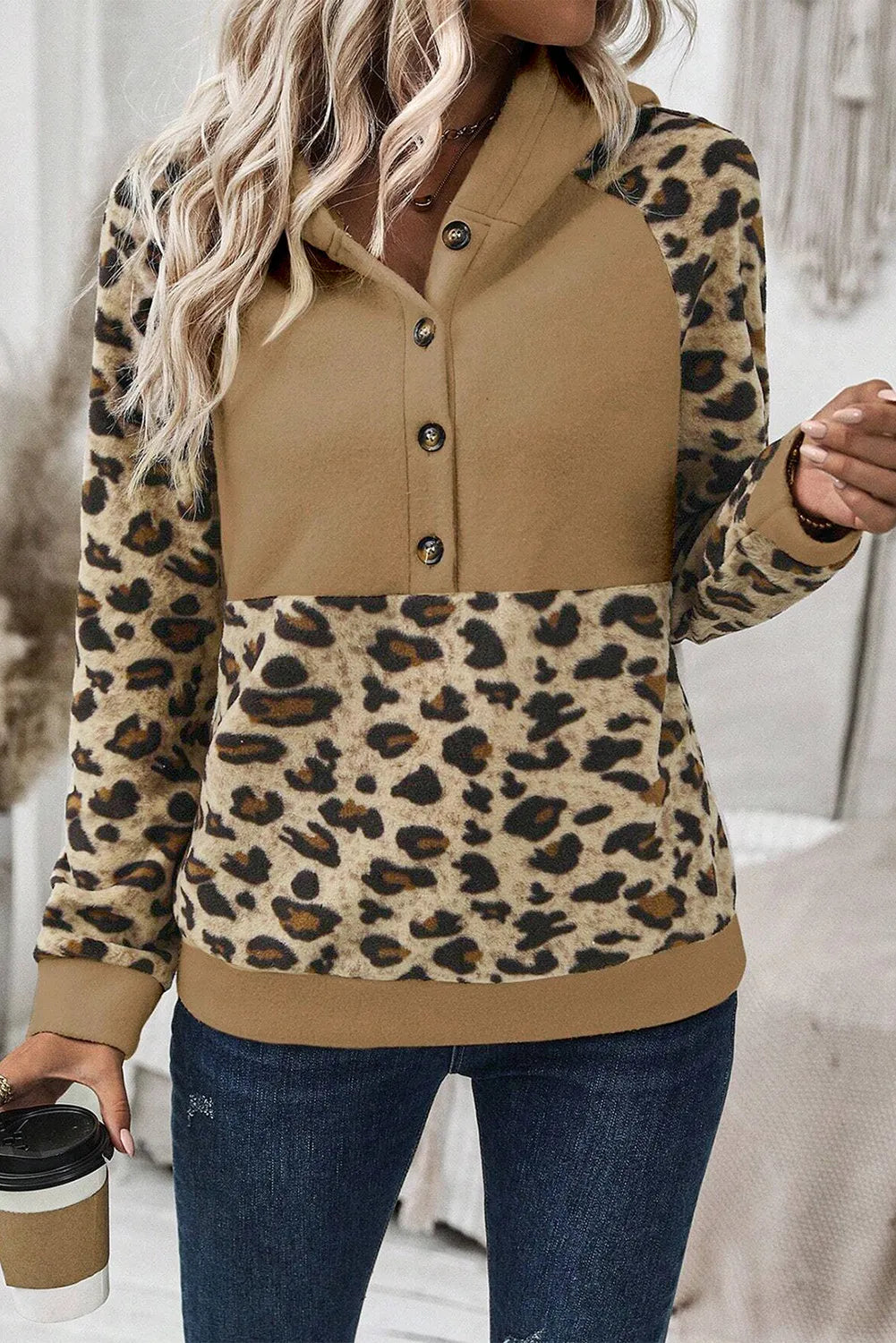 Leopard Half Button Long Sleeve Hoodie-Bella Boutique Collective