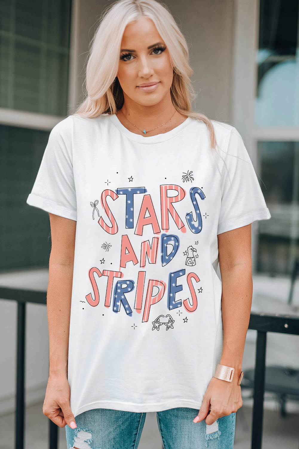 White STARS AND STRIPES Crew Neck Graphic Tee-Bella Boutique Collective