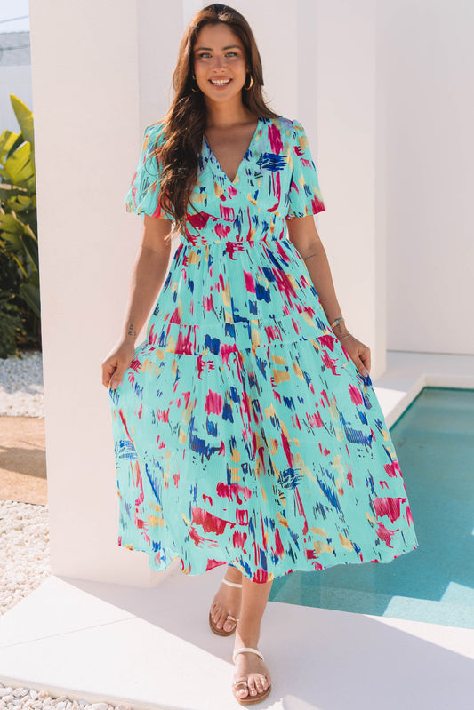 Sky Blue Abstract Print Short Puff Sleeve Tiered Maxi Dress-Bella Boutique Collective