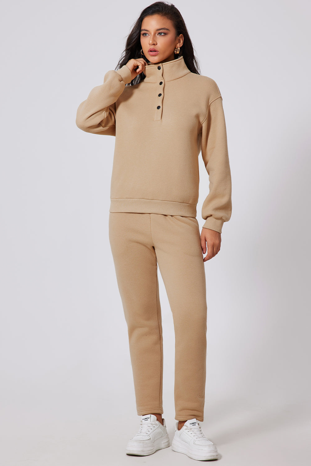 Parchment Solid Half Button Sweatshirt and High Waist Sweatpants Set-Bella Boutique Collective