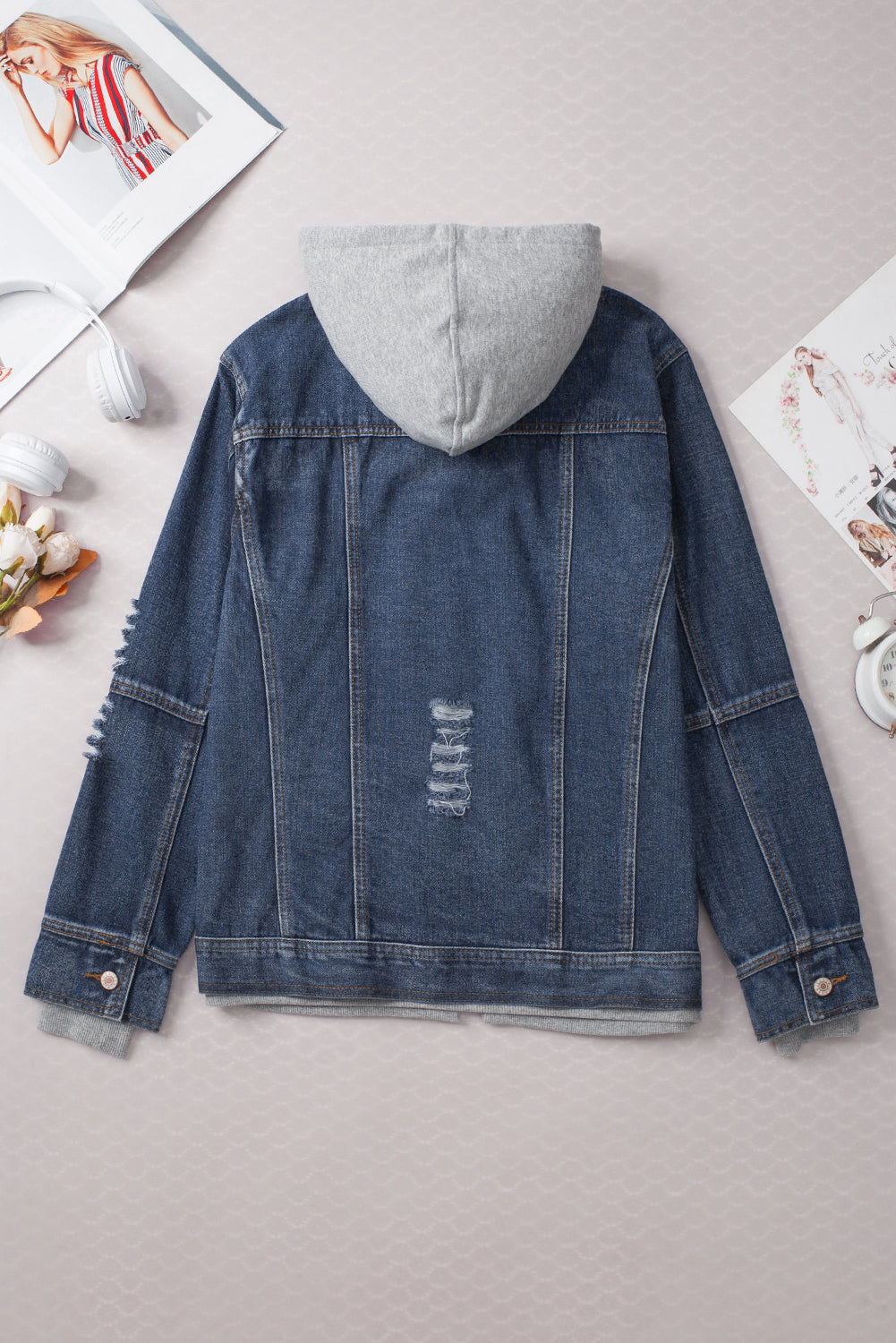 Dark Blue Fake Two-Piece Hooded Zip-Up Denim Jacket-Bella Boutique Collective