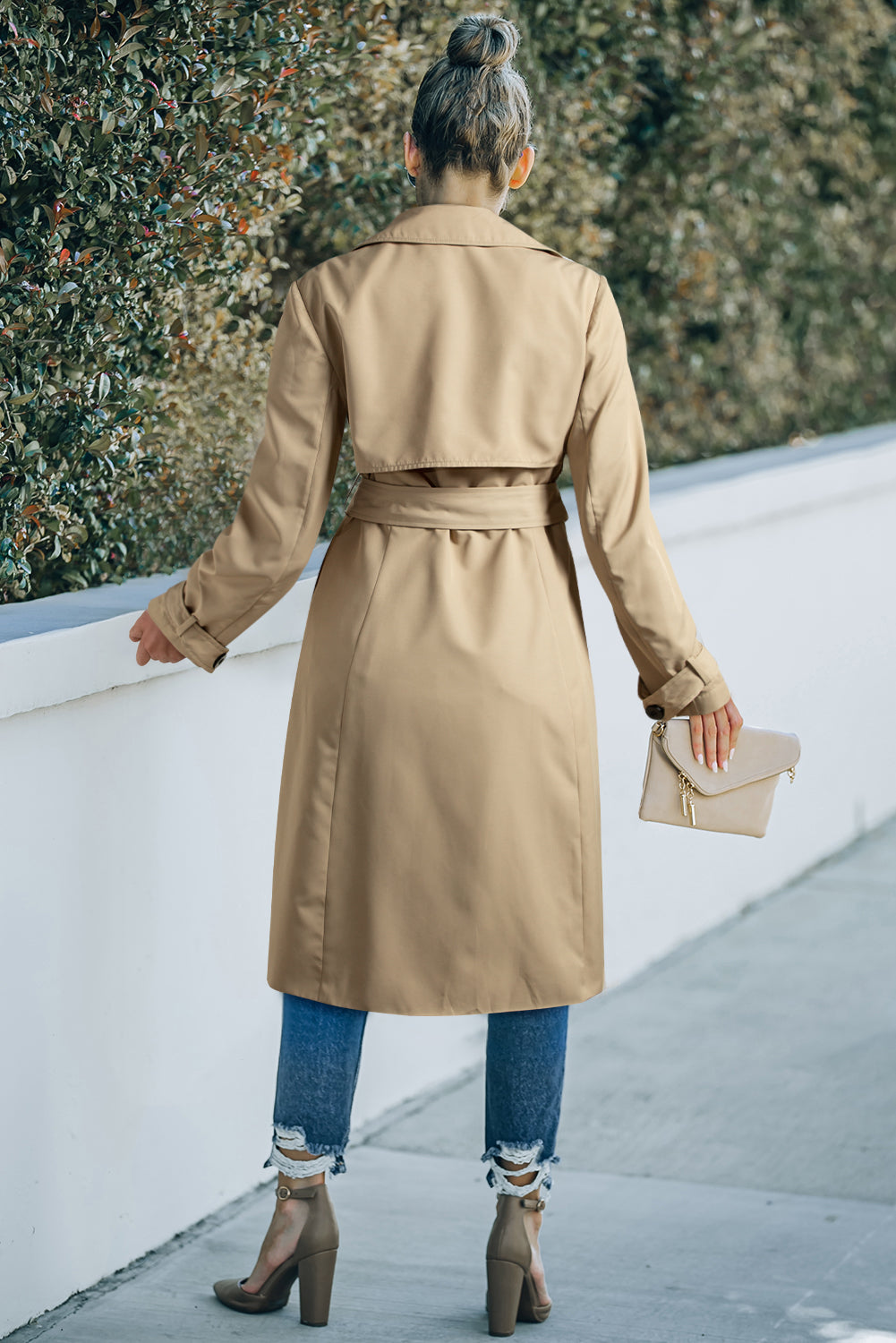 Pale Khaki Solid Color Lapel Collar Waist Tie Wind Coat-Bella Boutique Collective