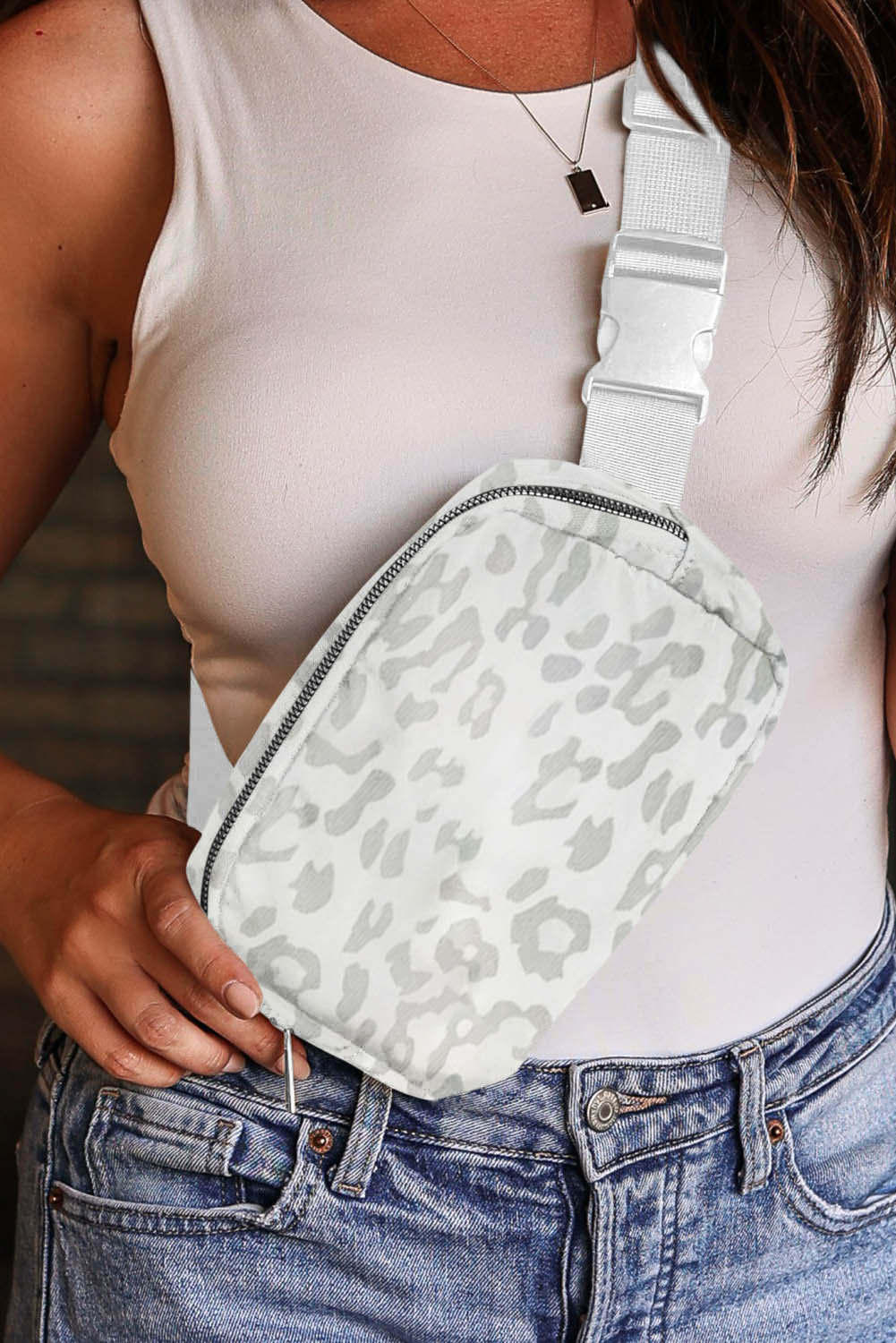 White Leopard Print Buckle Canvas Chest Bag 20*5*14cm-Bella Boutique Collective