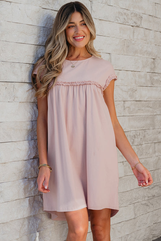 Oatmeal Frilled Trim Crew Neck Loose Fit Mini Dress-Bella Boutique Collective